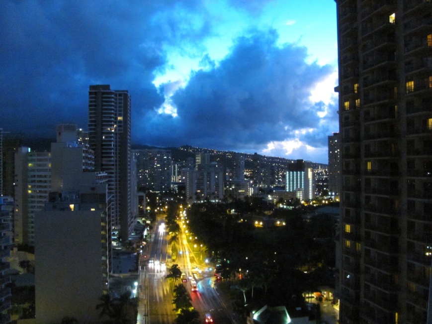 Looking out over Ala Moana Blvd. just before sunrise.